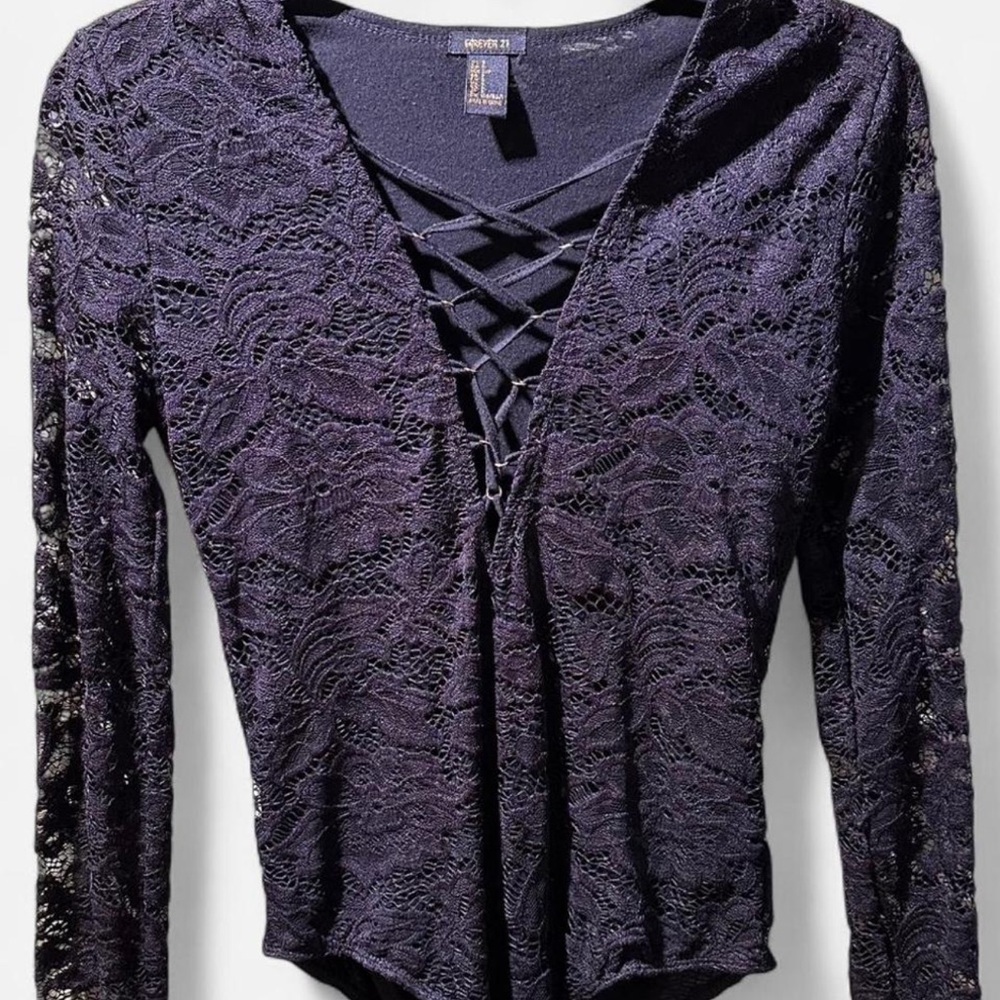 Forever 21 Black Lace Long Sleeve Bodysuit Size Small Gothcore Minimalist - Picture 10 of 10